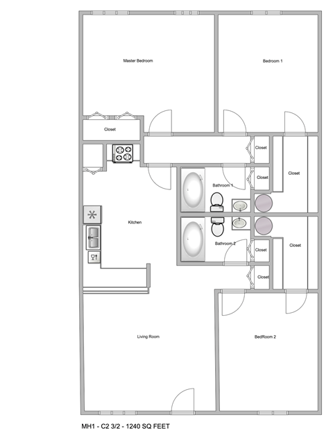 a floor plan of a residence with a bedroom and a living room